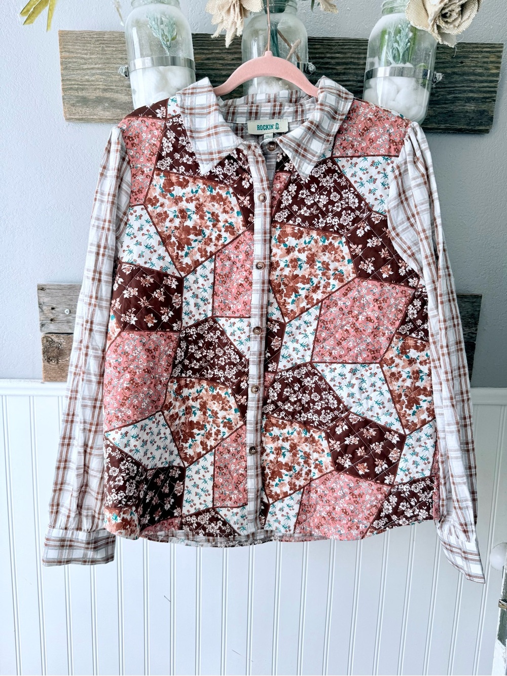 Patchwork Floral Button-Front Jacket - Pink & Brown